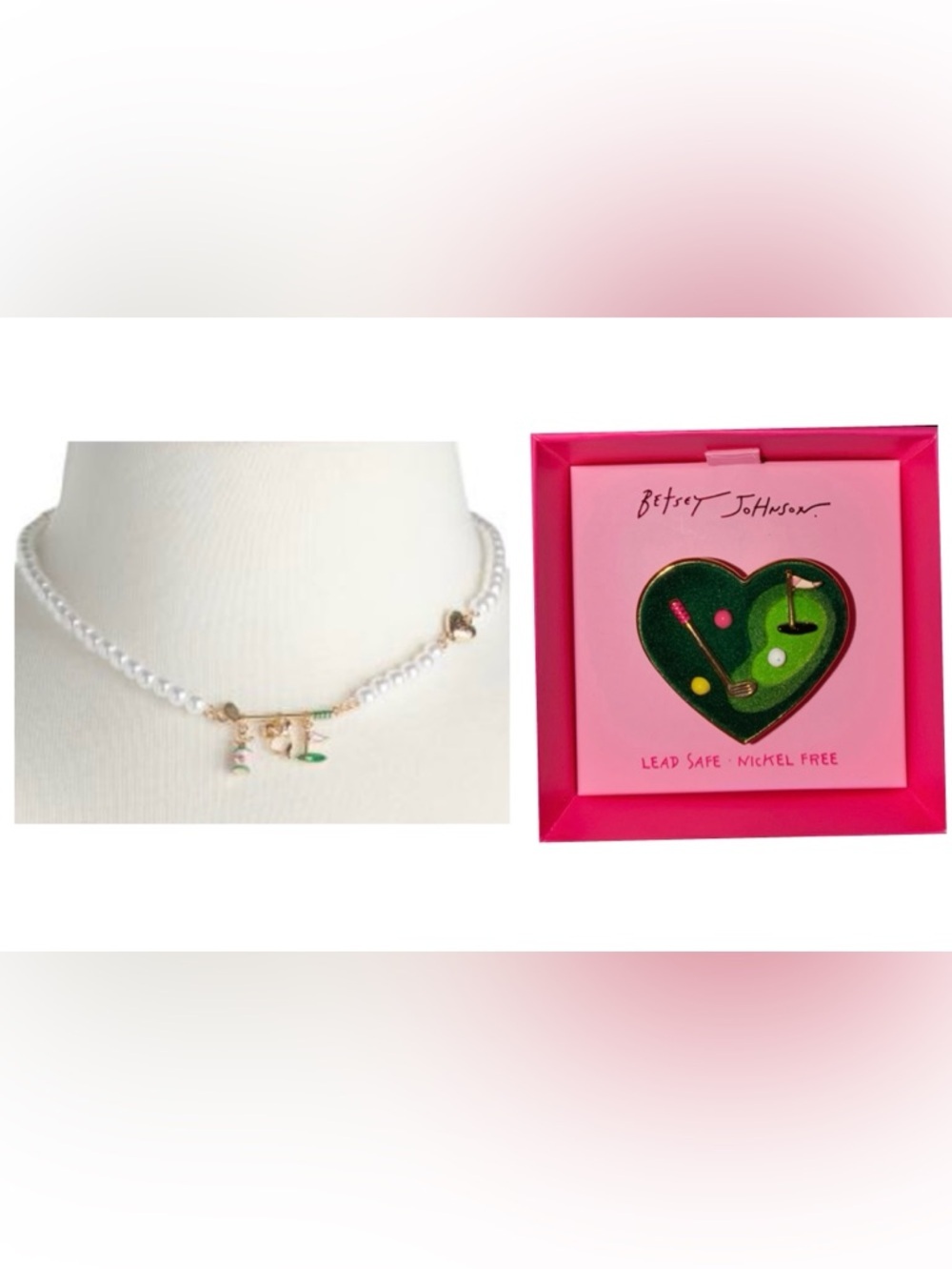 BETSEY JOHNSON SET Faux Pearl Golf-Themed Necklace & Ring Club Balls NEW NWT
